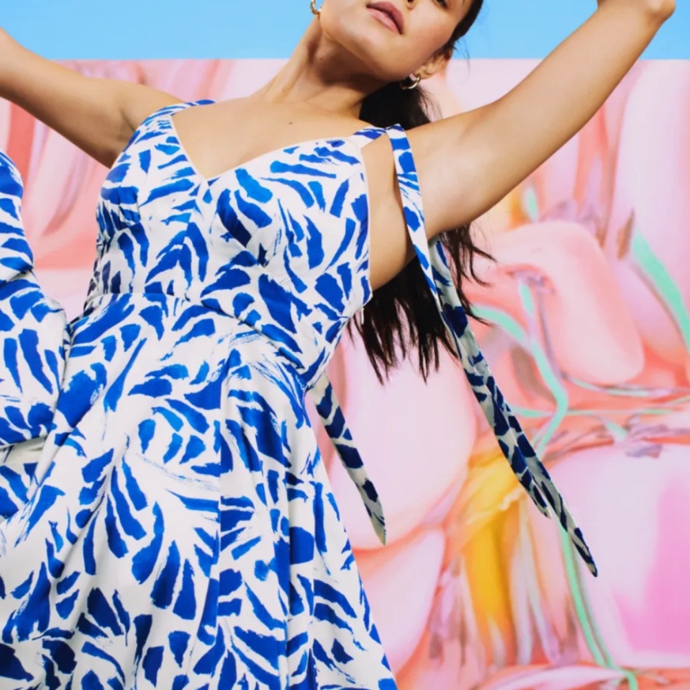 NWOT Alexis for Target Designer Collab Botanical Tie Strap Asymm Hem Blue S